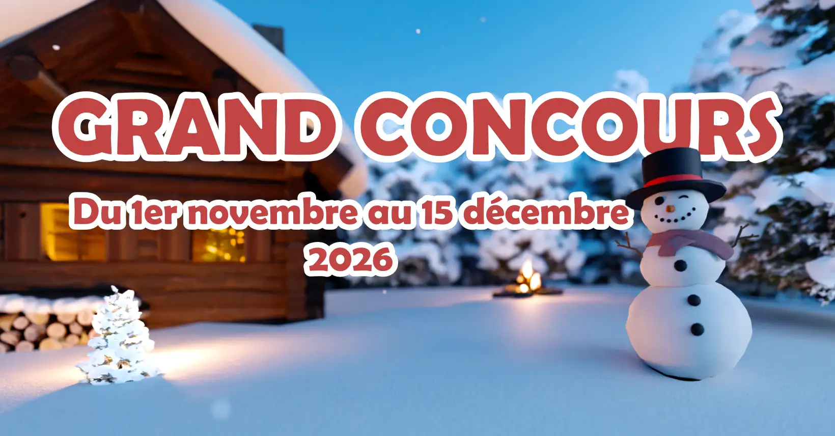 Grand Concours Hiver 2026 | Studio 3 Points Visuel du Grand Concours Hiver 2026 de Studio 3 Points avec plusieurs cadeaux à gagner du 1er novembre au 15 décembre 2026 dans un décor hivernal enneigé.
