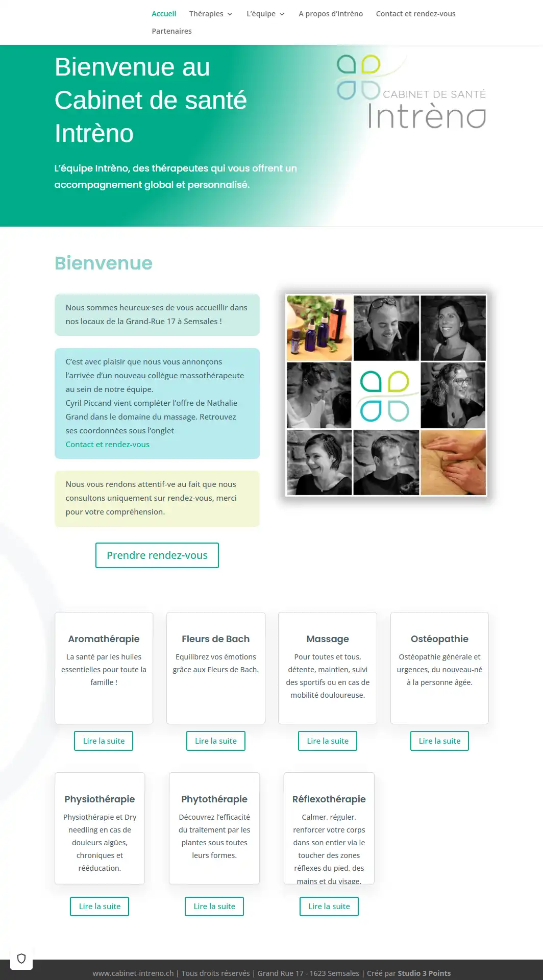 Aperçu de la page d’accueil du site du Cabinet de santé Intrèno présentant le logo, un message de bienvenue, une mosaïque d’images de soins et les différentes thérapies proposées.